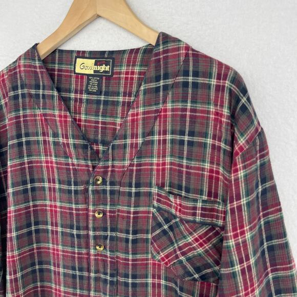 GOODNIGHT Nightshirt Mens L-XL Flannel Plaid Long Sleeve Pajama PJ Cotton Red - Picture 6 of 14